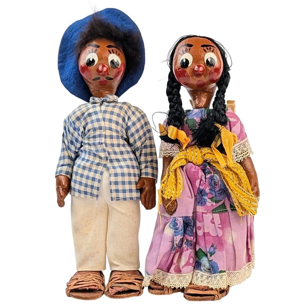 Vintage Mexican Folk Art Dolls – Oil Cloth Couple – Leather Sandals – 1950s Pair